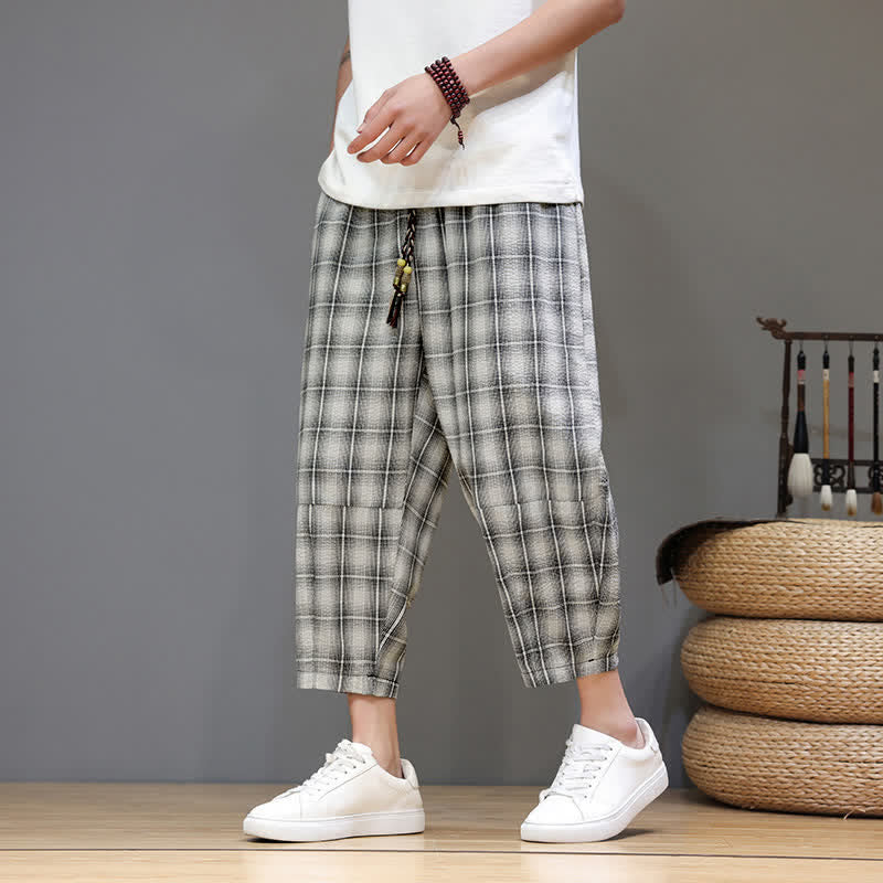 Buddha Stones Pantalon Capri à carreaux décontracté d'été avec cordon de serrage et poches pour homme - Beige - US/UK/AU46, EU56 (5XL) - image 20