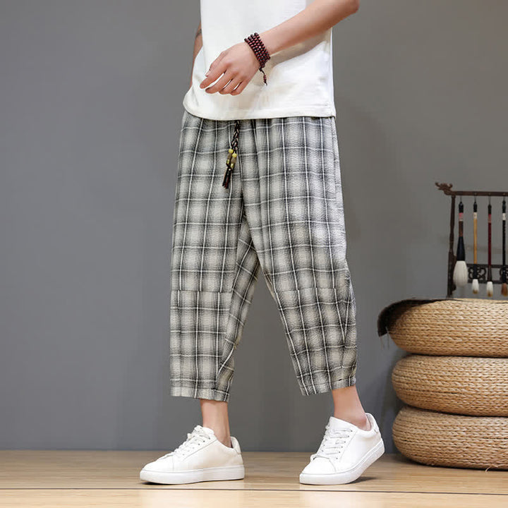 Buddha Stones Pantalon Capri à carreaux décontracté d'été avec cordon de serrage et poches pour homme - Beige - US/UK/AU46, EU56 (5XL) - image 20