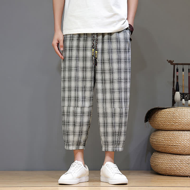 Buddha Stones Pantalon Capri à carreaux décontracté d'été avec cordon de serrage et poches pour homme - image 24