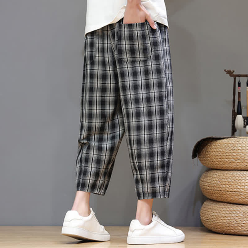 Buddha Stones Pantalon Capri à carreaux décontracté d'été avec cordon de serrage et poches pour homme - image 10