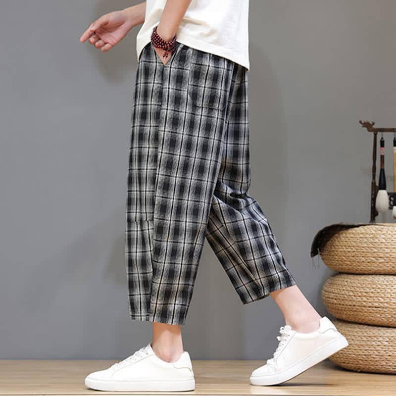 Buddha Stones Pantalon Capri à carreaux décontracté d'été avec cordon de serrage et poches pour homme - image 14
