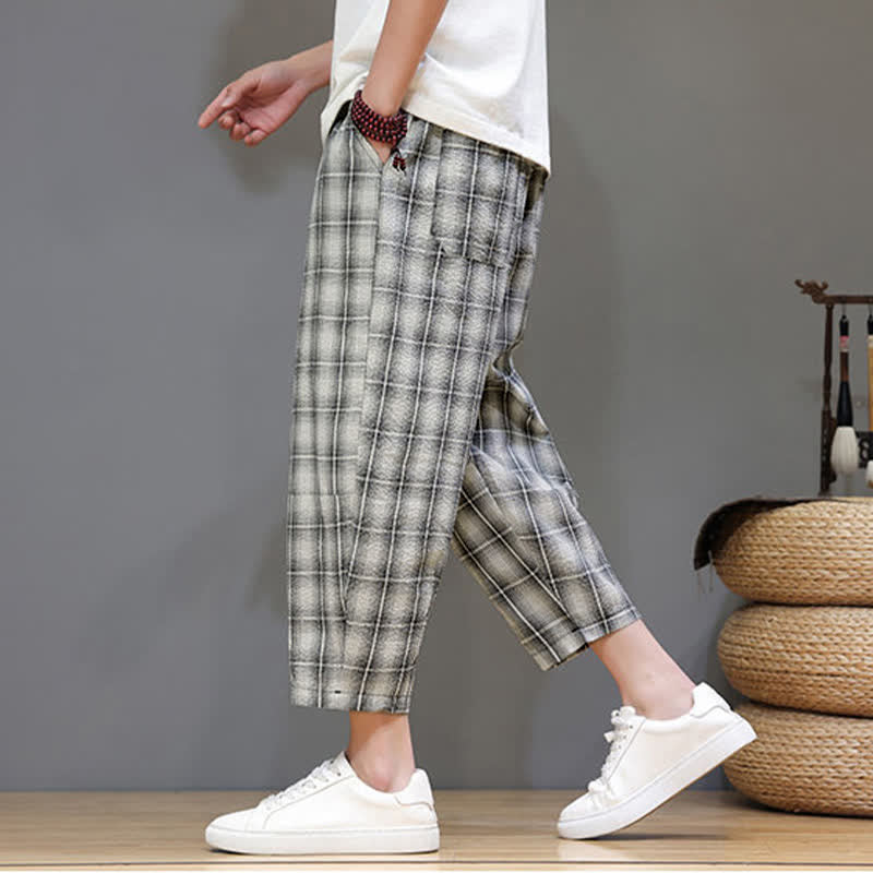 Buddha Stones Pantalon Capri à carreaux décontracté d'été avec cordon de serrage et poches pour homme - image 26