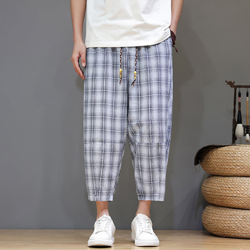 Buddha Stones Pantalon Capri à carreaux décontracté d'été avec cordon de serrage et poches pour homme - image 6