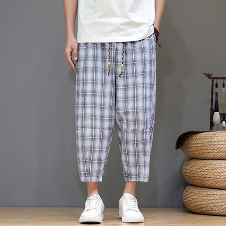 Buddha Stones Pantalon Capri à carreaux décontracté d'été avec cordon de serrage et poches pour homme - image 6