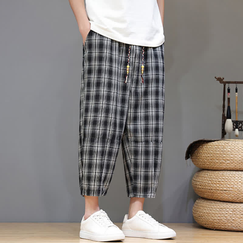 Buddha Stones Pantalon Capri à carreaux décontracté d'été avec cordon de serrage et poches pour homme - image 9