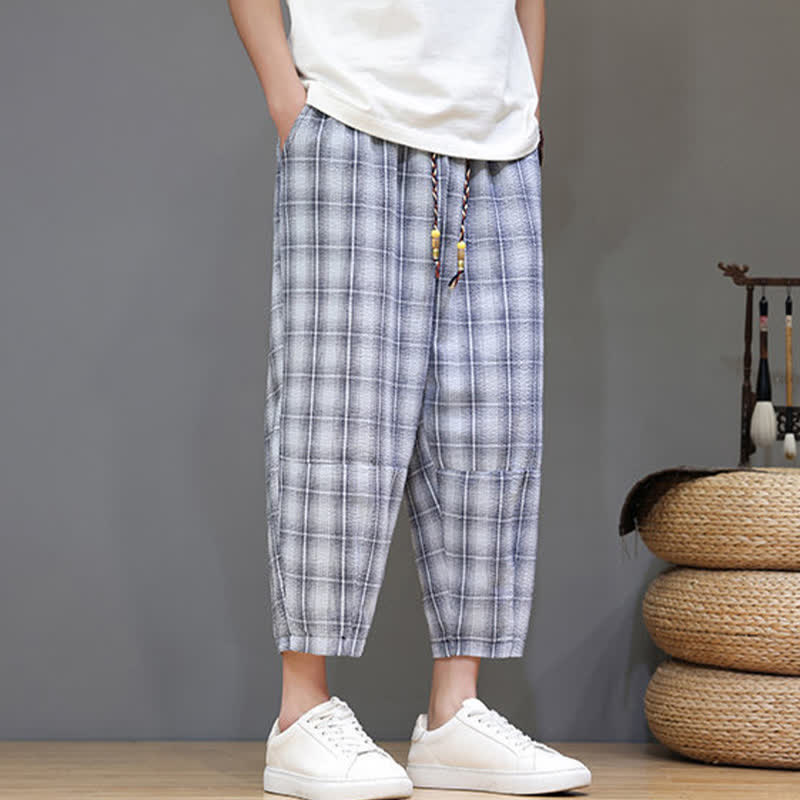 Buddha Stones Pantalon Capri à carreaux décontracté d'été avec cordon de serrage et poches pour homme - image 1