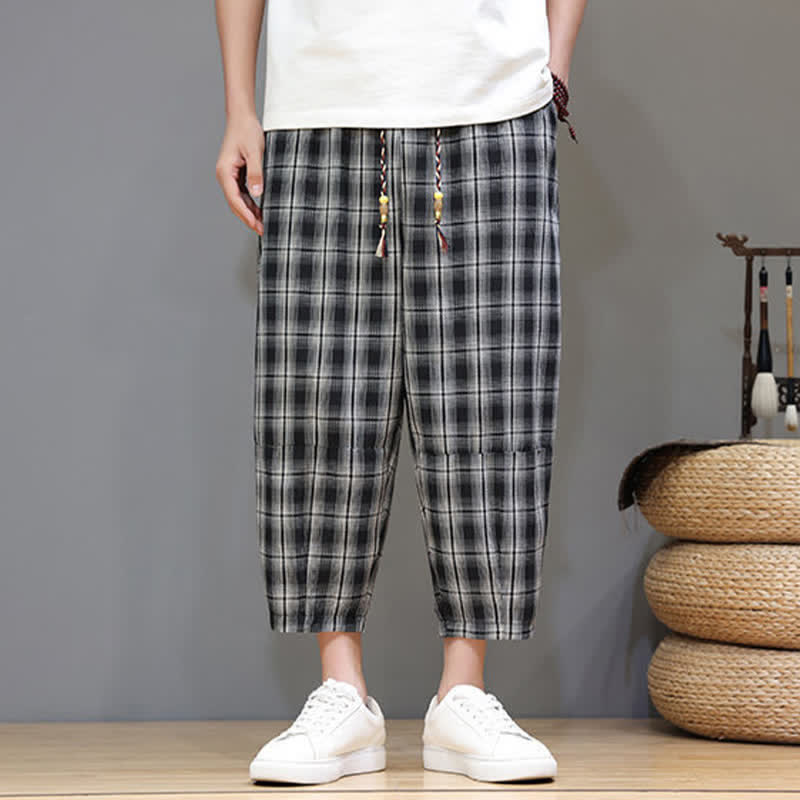 Buddha Stones Pantalon Capri à carreaux décontracté d'été avec cordon de serrage et poches pour homme - image 12