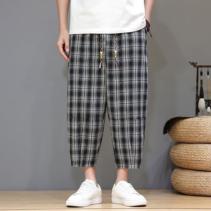 Buddha Stones Pantalon Capri à carreaux décontracté d'été avec cordon de serrage et poches pour homme - image 12