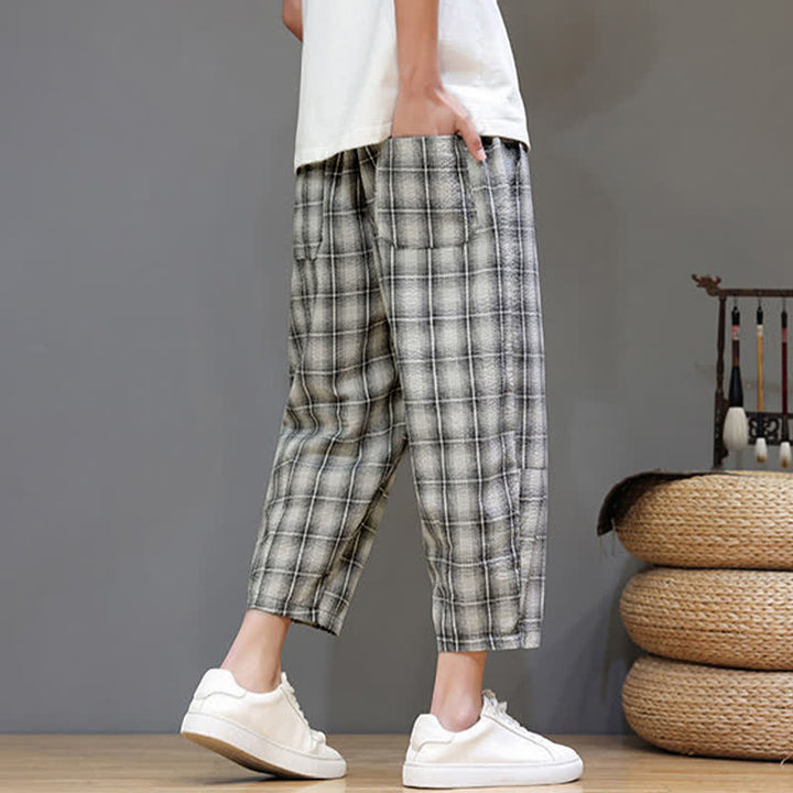 Buddha Stones Pantalon Capri à carreaux décontracté d'été avec cordon de serrage et poches pour homme - image 23