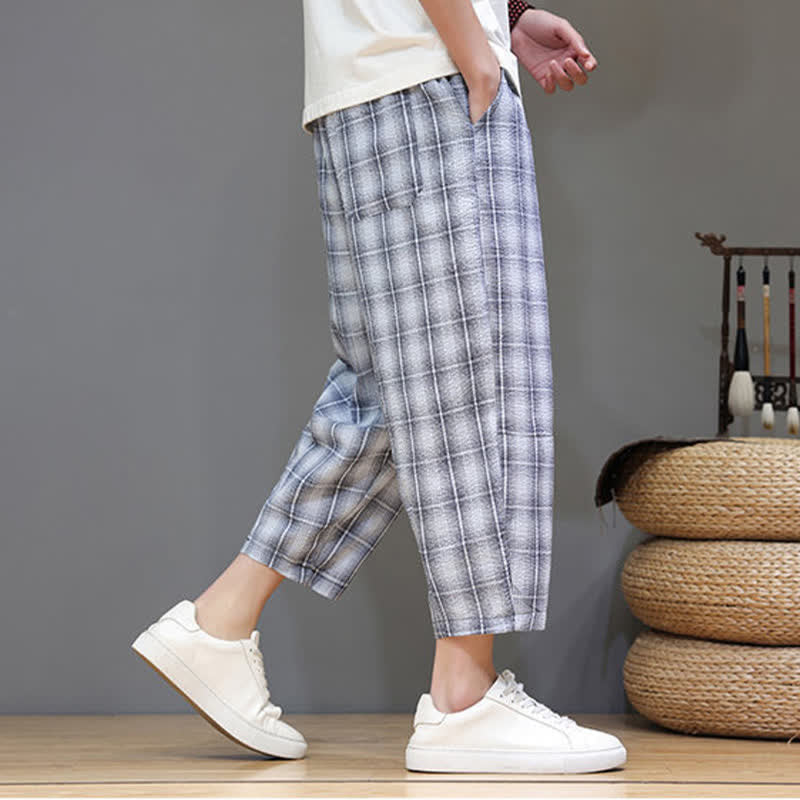 Buddha Stones Pantalon Capri à carreaux décontracté d'été avec cordon de serrage et poches pour homme - image 3
