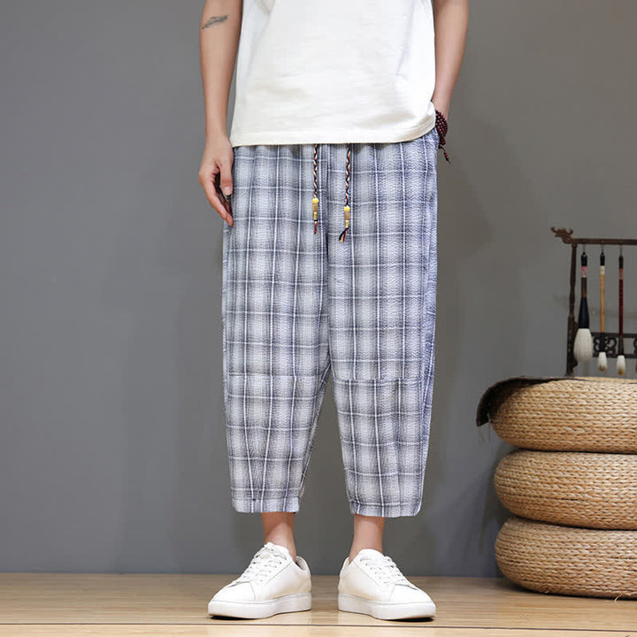 Buddha Stones Pantalon Capri à carreaux décontracté d'été avec cordon de serrage et poches pour homme - Bleu acier clair - US/UK/AU46, EU56 (5XL) - image 0
