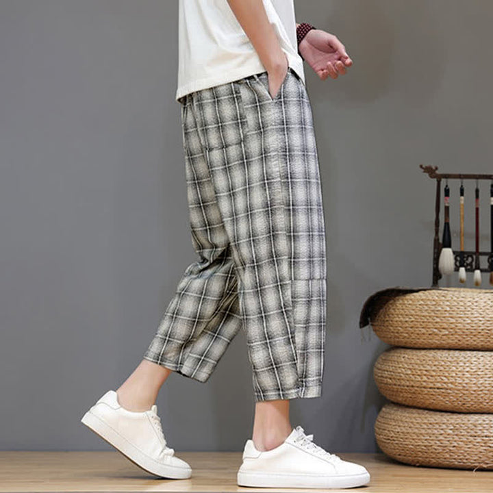 Buddha Stones Pantalon Capri à carreaux décontracté d'été avec cordon de serrage et poches pour homme - image 25