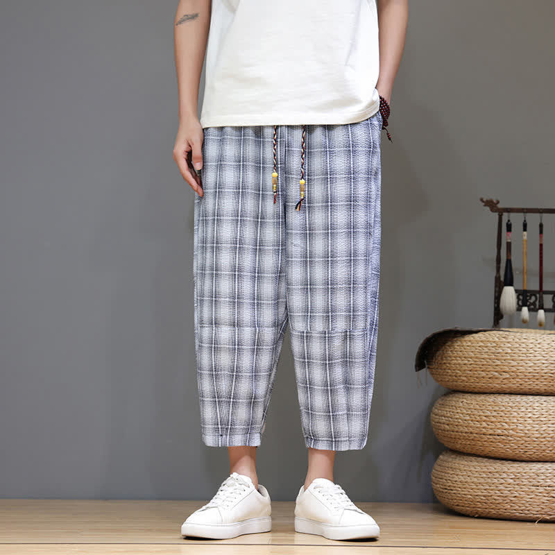 Buddha Stones Pantalon Capri à carreaux décontracté d'été avec cordon de serrage et poches pour homme - Bleu acier clair - US/UK/AU46, EU56 (5XL) - image 0