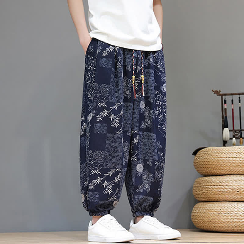Buddha Stones Pantalon harem homme décontracté d'été, style bohème, à cordon de serrage, motif géométrique éléphant et feuilles, avec poches - image 4