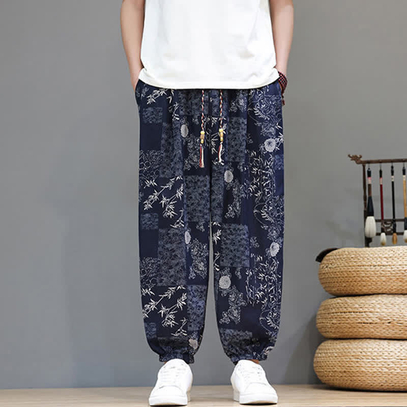 Buddha Stones Pantalon harem homme décontracté d'été, style bohème, à cordon de serrage, motif géométrique éléphant et feuilles, avec poches - image 2