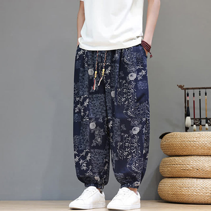 Buddha Stones Pantalon harem homme décontracté d'été, style bohème, à cordon de serrage, motif géométrique éléphant et feuilles, avec poches - image 5