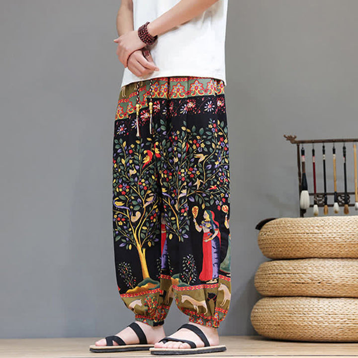 Buddha Stones Pantalon harem homme décontracté d'été, style bohème, à cordon de serrage, motif géométrique éléphant et feuilles, avec poches - image 35