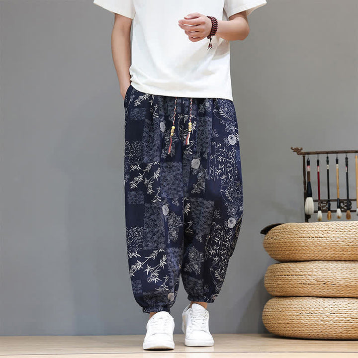 Buddha Stones Pantalon harem homme décontracté d'été, style bohème, à cordon de serrage, motif géométrique éléphant et feuilles, avec poches - image 7