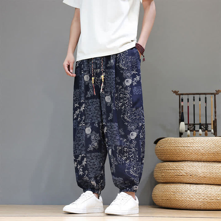 Buddha Stones Pantalon harem homme décontracté d'été, style bohème, à cordon de serrage, motif géométrique éléphant et feuilles, avec poches - image 1