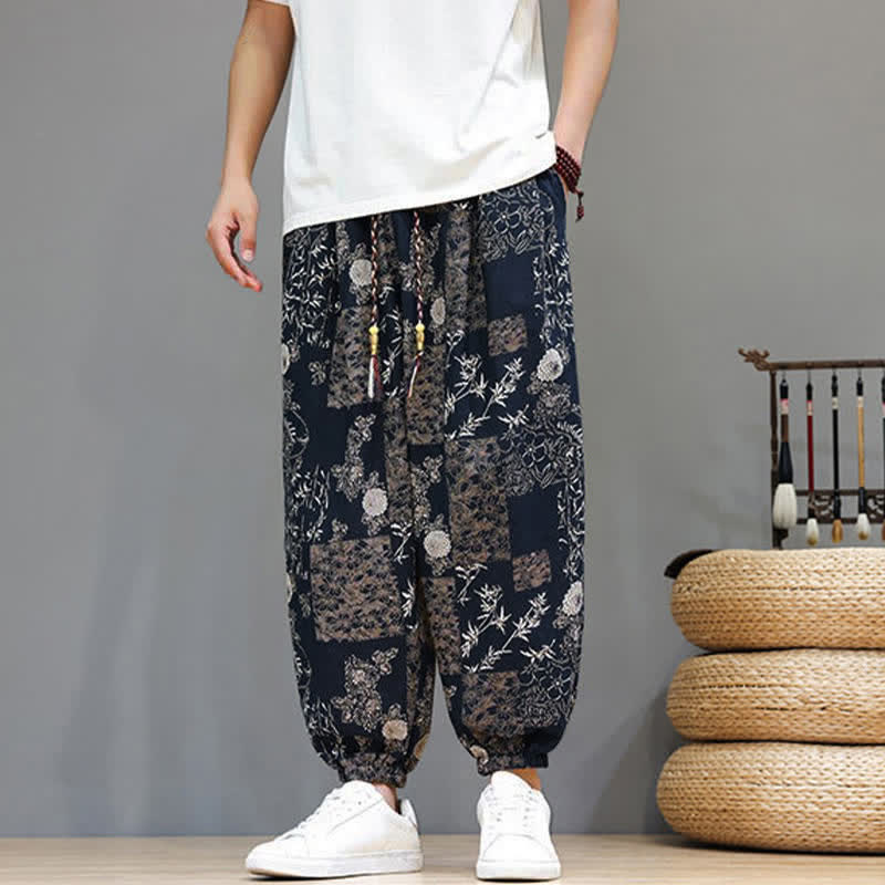 Buddha Stones Pantalon harem homme décontracté d'été, style bohème, à cordon de serrage, motif géométrique éléphant et feuilles, avec poches - image 13