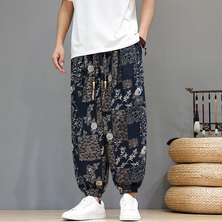 Buddha Stones Pantalon harem homme décontracté d'été, style bohème, à cordon de serrage, motif géométrique éléphant et feuilles, avec poches - image 13