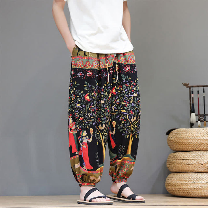 Buddha Stones Pantalon harem homme décontracté d'été, style bohème, à cordon de serrage, motif géométrique éléphant et feuilles, avec poches - image 31