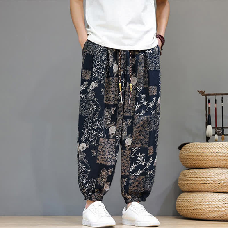 Buddha Stones Pantalon harem homme décontracté d'été, style bohème, à cordon de serrage, motif géométrique éléphant et feuilles, avec poches - image 12