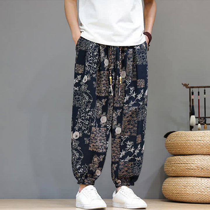 Buddha Stones Pantalon harem homme décontracté d'été, style bohème, à cordon de serrage, motif géométrique éléphant et feuilles, avec poches - image 12