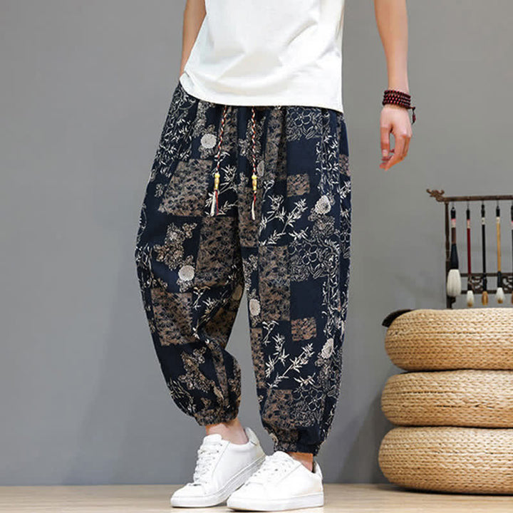 Buddha Stones Pantalon harem homme décontracté d'été, style bohème, à cordon de serrage, motif géométrique éléphant et feuilles, avec poches - image 14