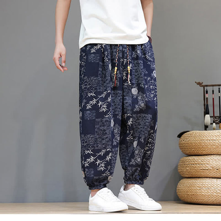 Buddha Stones Pantalon harem homme décontracté d'été, style bohème, à cordon de serrage, motif géométrique éléphant et feuilles, avec poches - image 9
