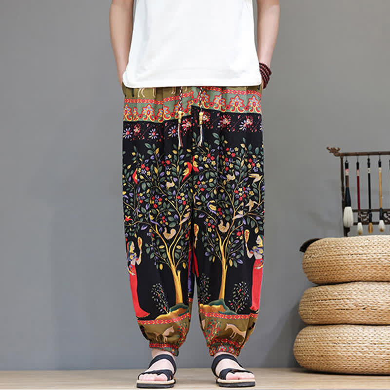 Buddha Stones Pantalon harem homme décontracté d'été, style bohème, à cordon de serrage, motif géométrique éléphant et feuilles, avec poches - Noir - US/UK/AU46, EU56 (5XL) - image 30