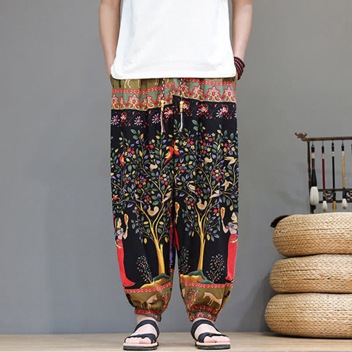Buddha Stones Pantalon harem homme décontracté d'été, style bohème, à cordon de serrage, motif géométrique éléphant et feuilles, avec poches - Noir - US/UK/AU46, EU56 (5XL) - image 30
