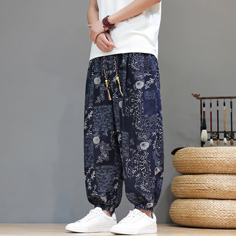 Buddha Stones Pantalon harem homme décontracté d'été, style bohème, à cordon de serrage, motif géométrique éléphant et feuilles, avec poches - image 8