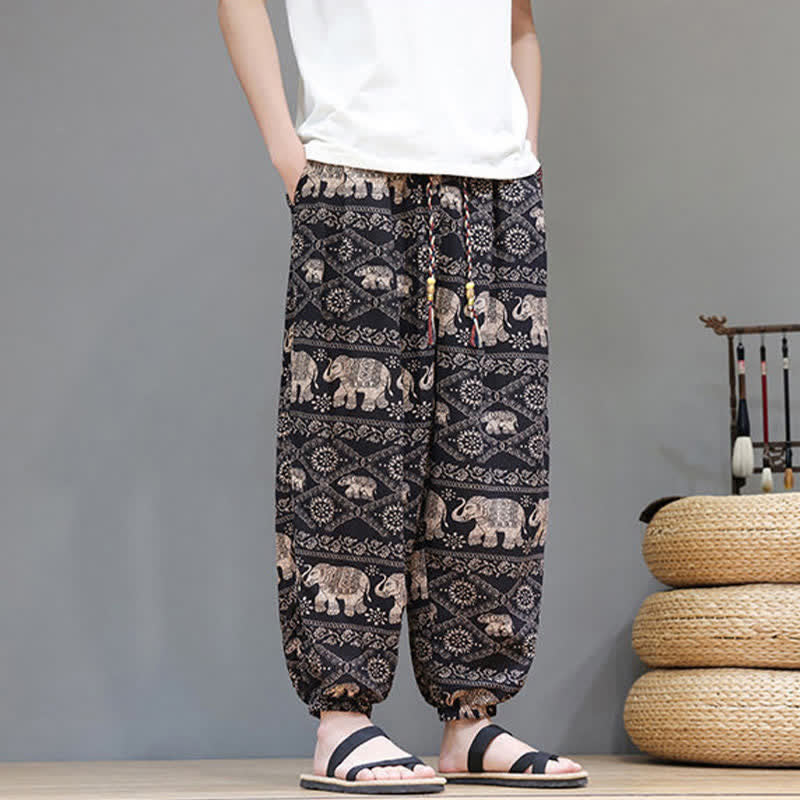 Buddha Stones Pantalon harem homme décontracté d'été, style bohème, à cordon de serrage, motif géométrique éléphant et feuilles, avec poches - image 22