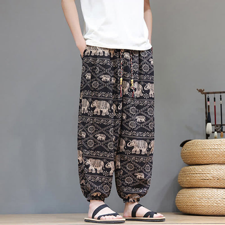 Buddha Stones Pantalon harem homme décontracté d'été, style bohème, à cordon de serrage, motif géométrique éléphant et feuilles, avec poches - image 22
