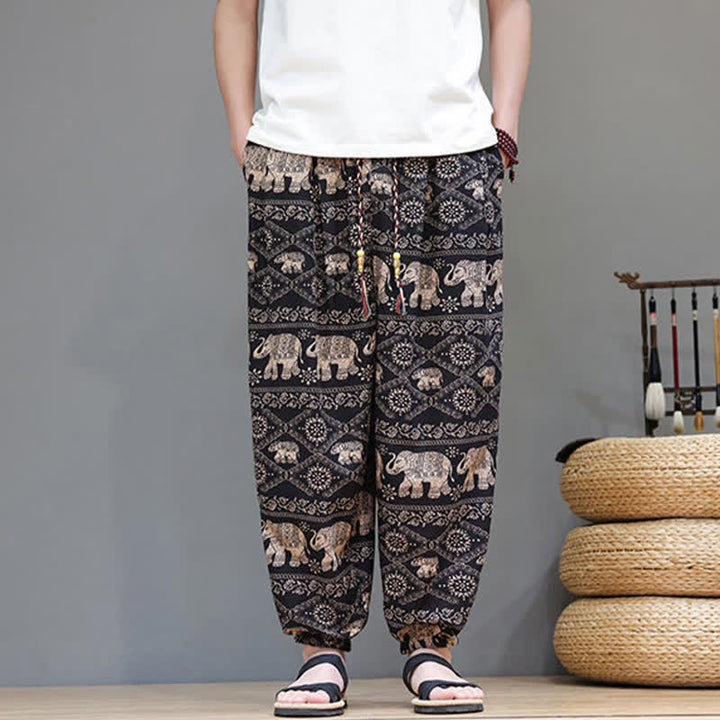 Buddha Stones Pantalon harem homme décontracté d'été, style bohème, à cordon de serrage, motif géométrique éléphant et feuilles, avec poches - image 27