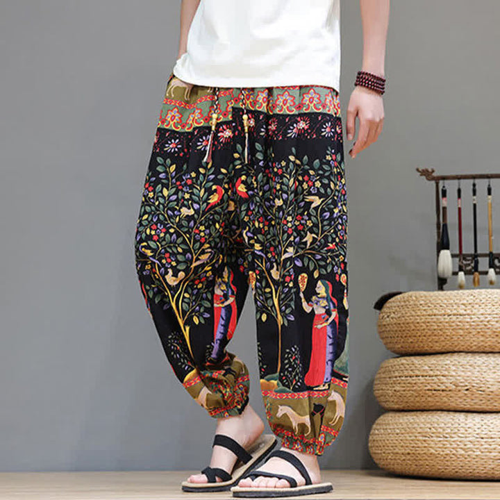 Buddha Stones Pantalon harem homme décontracté d'été, style bohème, à cordon de serrage, motif géométrique éléphant et feuilles, avec poches - image 36