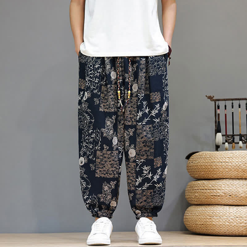 Buddha Stones Pantalon harem homme décontracté d'été, style bohème, à cordon de serrage, motif géométrique éléphant et feuilles, avec poches - image 15