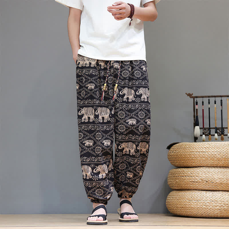 Buddha Stones Pantalon harem homme décontracté d'été, style bohème, à cordon de serrage, motif géométrique éléphant et feuilles, avec poches - SaddleBrown - US/UK/AU46, EU56 (5XL) - image 21