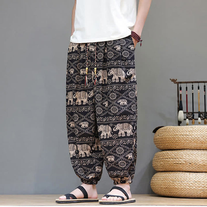 Buddha Stones Pantalon harem homme décontracté d'été, style bohème, à cordon de serrage, motif géométrique éléphant et feuilles, avec poches - image 23