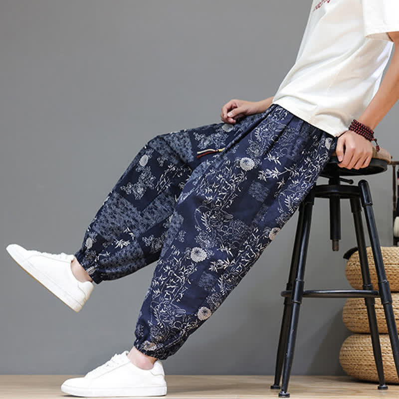 Buddha Stones Pantalon harem homme décontracté d'été, style bohème, à cordon de serrage, motif géométrique éléphant et feuilles, avec poches - image 10