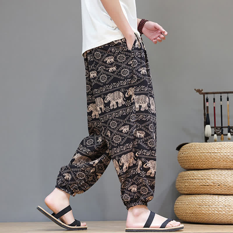 Buddha Stones Pantalon harem homme décontracté d'été, style bohème, à cordon de serrage, motif géométrique éléphant et feuilles, avec poches - image 24
