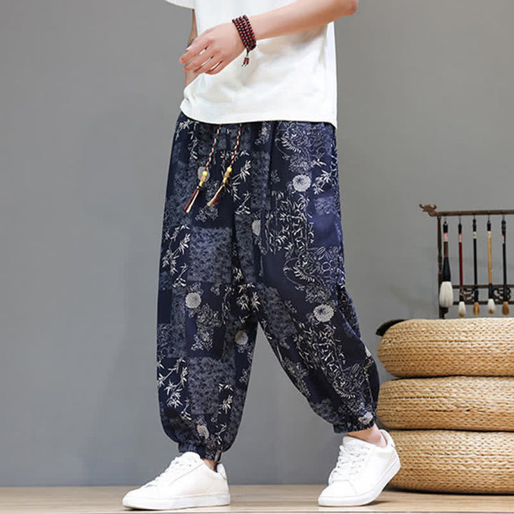 Buddha Stones Pantalon harem homme décontracté d'été, style bohème, à cordon de serrage, motif géométrique éléphant et feuilles, avec poches - Bleu nuit - US/UK/AU46, EU56 (5XL) - image 0
