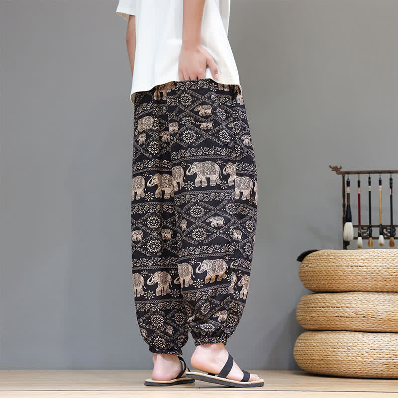 Buddha Stones Pantalon harem homme décontracté d'été, style bohème, à cordon de serrage, motif géométrique éléphant et feuilles, avec poches - image 26