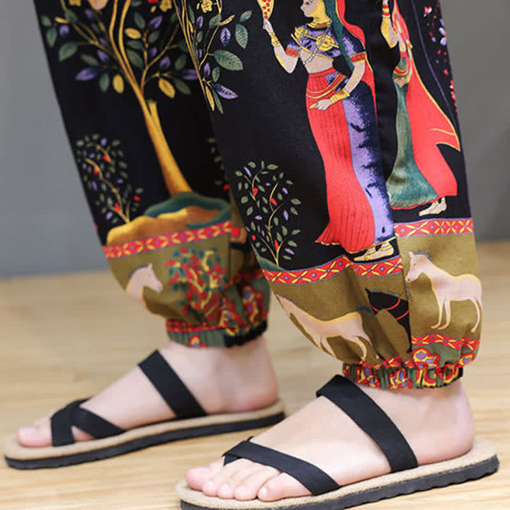Buddha Stones Pantalon harem homme décontracté d'été, style bohème, à cordon de serrage, motif géométrique éléphant et feuilles, avec poches - image 41