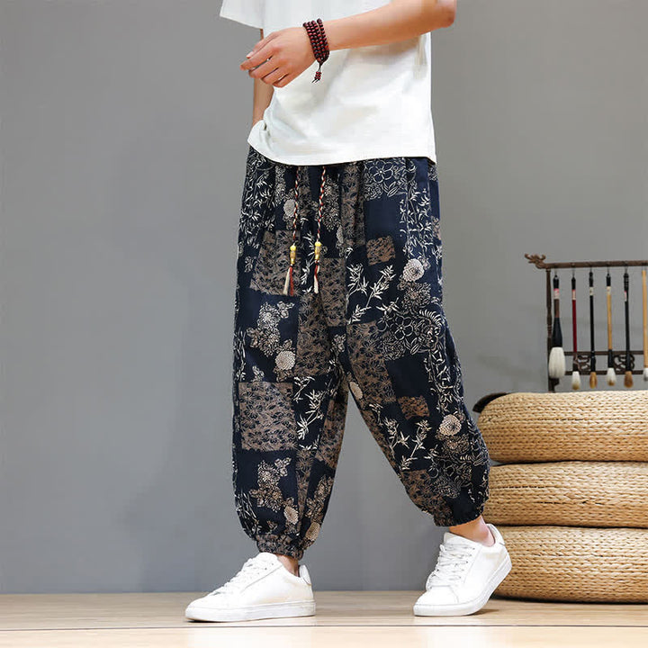 Buddha Stones Pantalon harem homme décontracté d'été, style bohème, à cordon de serrage, motif géométrique éléphant et feuilles, avec poches - SteelBlue - US/UK/AU46, EU56 (5XL) - image 11