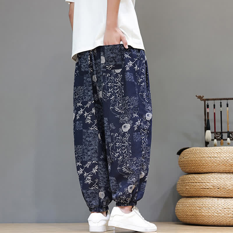 Buddha Stones Pantalon harem homme décontracté d'été, style bohème, à cordon de serrage, motif géométrique éléphant et feuilles, avec poches - image 6