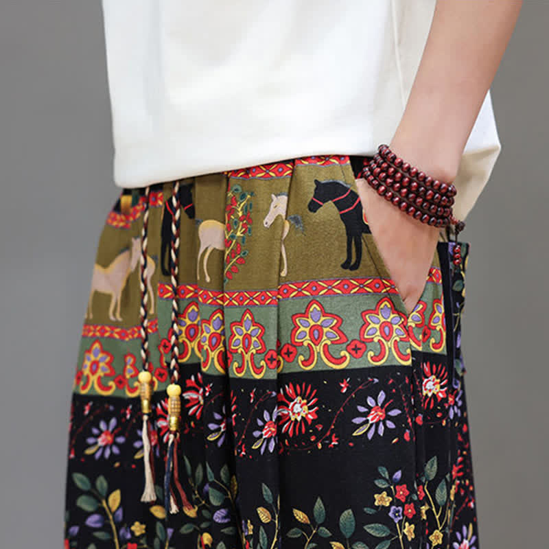 Buddha Stones Pantalon harem homme décontracté d'été, style bohème, à cordon de serrage, motif géométrique éléphant et feuilles, avec poches - image 38