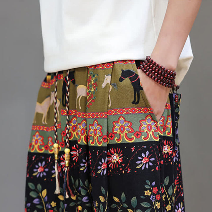 Buddha Stones Pantalon harem homme décontracté d'été, style bohème, à cordon de serrage, motif géométrique éléphant et feuilles, avec poches - image 38