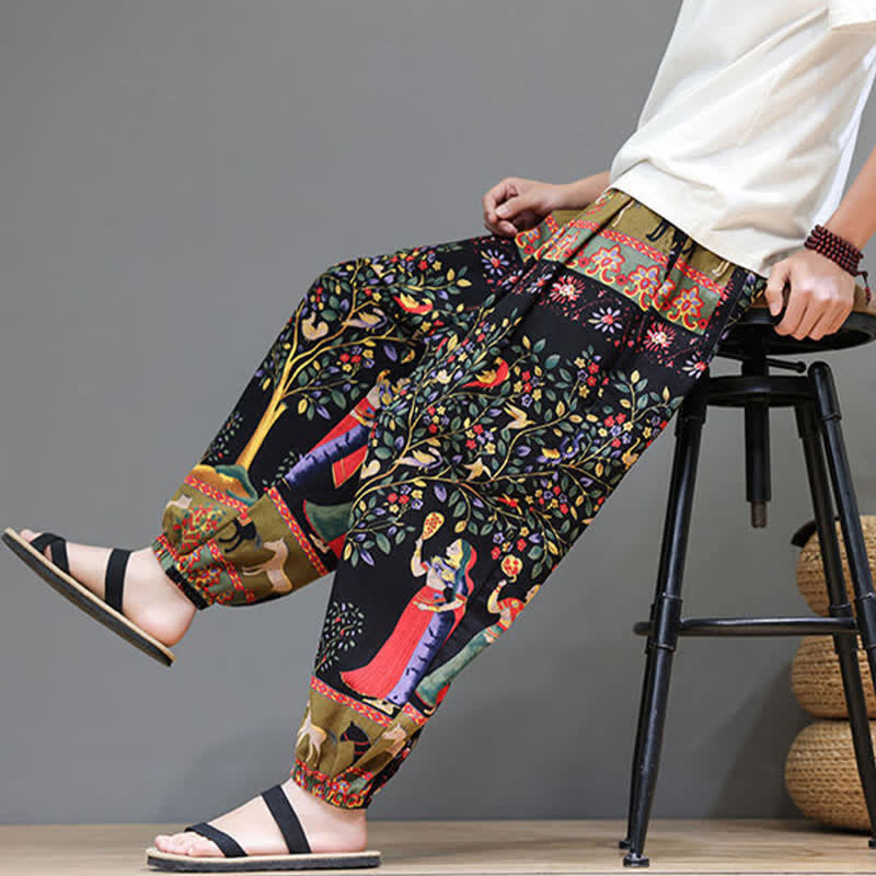 Buddha Stones Pantalon harem homme décontracté d'été, style bohème, à cordon de serrage, motif géométrique éléphant et feuilles, avec poches - image 37